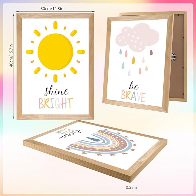 Set of 3 Framed Boho Nursery Wall Art Prints Decor,12x16”Rainbow Weather Wall Decor Inspirational Canvas Wall Art Prints Framed Nursery Children Artwork for Kids Playroom Bedroom Decoration