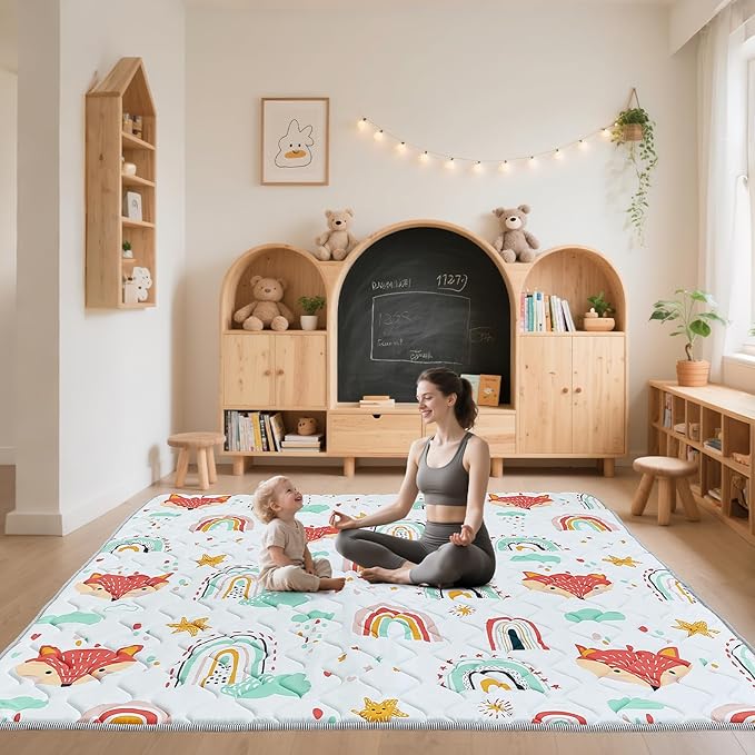 Baby Play Mat for Floor,50x50 Inch Soft Foam Padding Crawling Mat for Playpen, Foldable and Machine Washable, Thick for Babies & Toddlers,Rainbow Fox