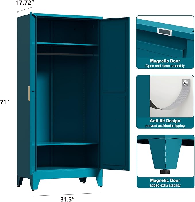 71'' Farmhouse Metal Wardrobe Cabinet with Hanging Rod, 2 Barn Door Wardrobe Closet with 2 Adjustable Shelves,for Dining Room,Bedroom,Living Room, Cloak Room,Office (Peacock Blue)