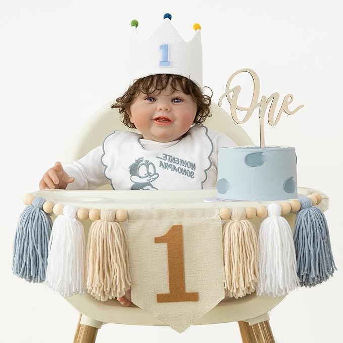 Baby Boy 1st Birthday Party Decorations For Handmade Tassel Garland Highchair Banner With Cake Topper Crown Hat