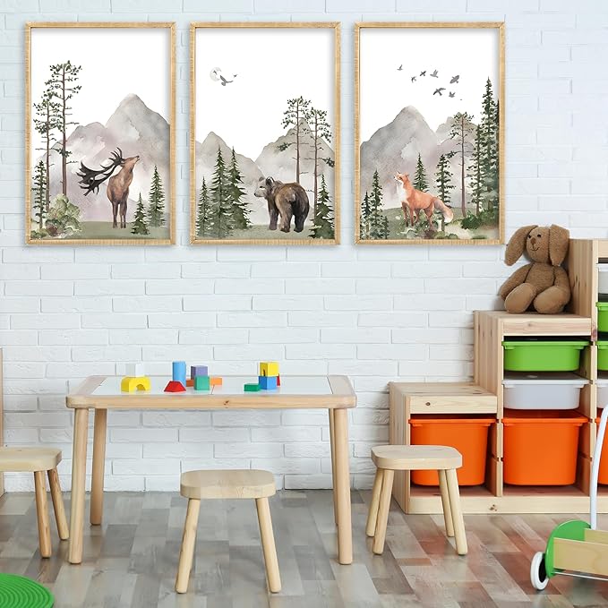 Set Of 3 Wild Woodland Nursery Animals Wall Art Decor 16x24 Inch Nursery Foggy Forest Deer Bear Fox Posters Wood Framed Sign Modren Children's Boys Girls Room Watercolor Prints Hang (Wood)