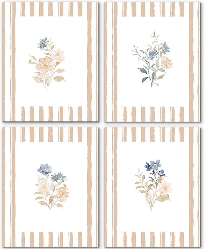 JINYO Neutral Rustic Floral Wall Art Prints Set of 4, Floral Room Decor, Beige and White Striped Cottagecore Flower Posters Pictures Wall Decor for Home Bedroom Living Room, 8x10 Unframed