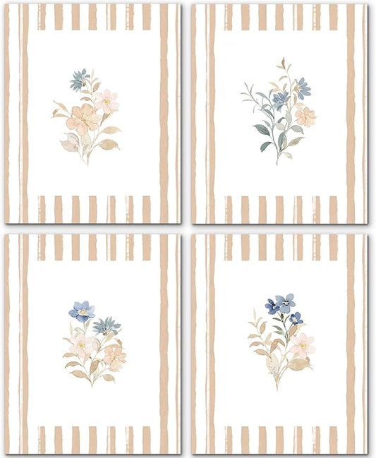 JINYO Neutral Rustic Floral Wall Art Prints Set of 4, Floral Room Decor, Beige and White Striped Cottagecore Flower Posters Pictures Wall Decor for Home Bedroom Living Room, 8x10 Unframed