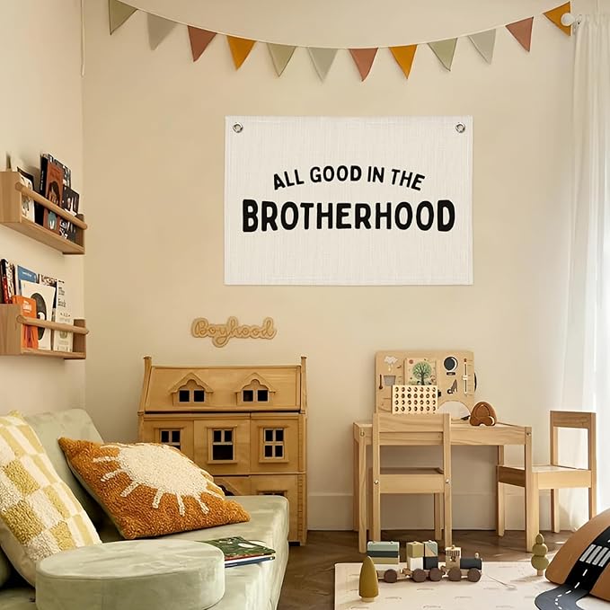 Boy Nursery Decor, Playroom Wall Decor, Brotherhood Canvas Banner Wall Hanging Flag for Nursery Classroom Playroom Kids Room, Playroom Essentials