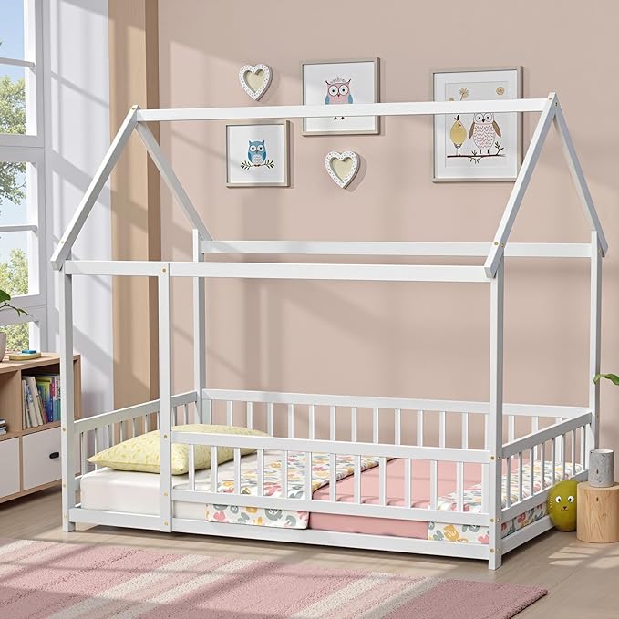 LLS Twin Floor Bed Frame with Fence, Wooden Montessori Bed, House Bed for Boys Girls Bedroom, White