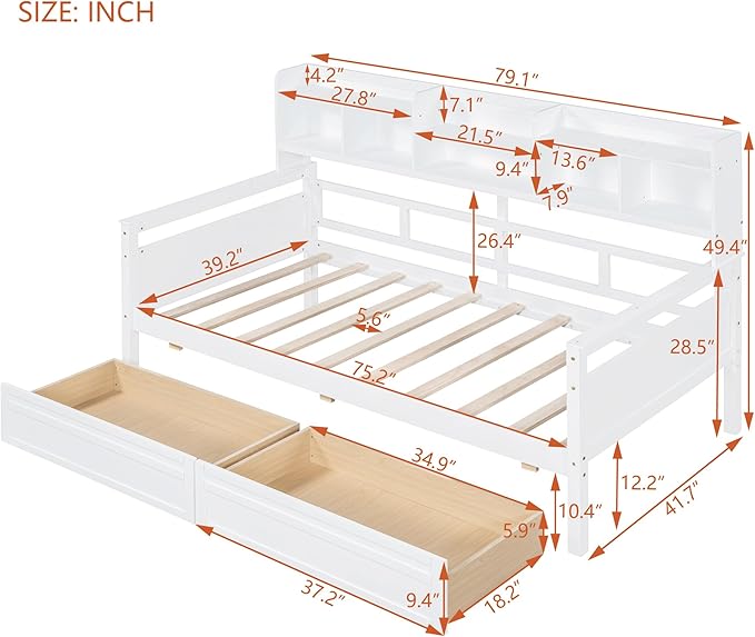 Harper & Bright Designs Twin Daybed with Storage, Wooden Twin Size Bed Frame with Bookcase Headboard and 2 Drawers, Twin Sofa Bed with Shelves for Living Room Bedroom, No Box Spring Need, White