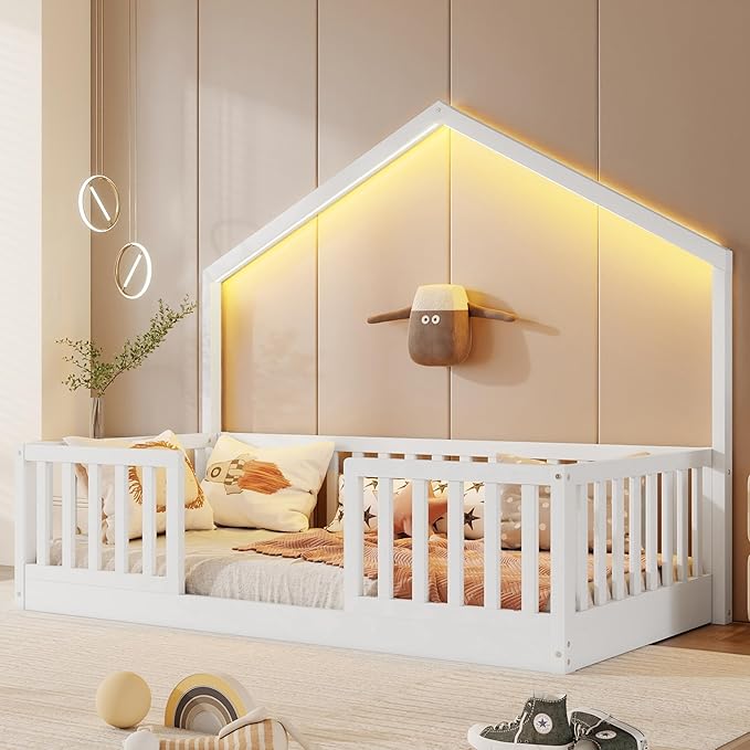 Twin Size House Bed for Kids, Low Profile Montessori Bed Twin with High Railings, Wood House Shape Montessori Beds with Light & Roof for Kids, White