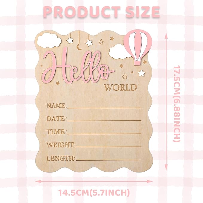 Baby Announcement Sign,Wooden Hello World Newborn Signs Birth Announcement Sign and Pen for Baby Shower Hospital Nursery Newborn Boys and Girls (Pink)