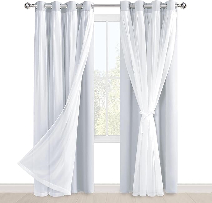 Hiasan Greyish White Blackout Curtains with Sheer Overlay, Grommet Thermal Insulated Mix & Match Double Layer Window Curtains for Bedroom, Living Room, 2 Drape Panels Sewn with Tiebacks, 52W X 84L