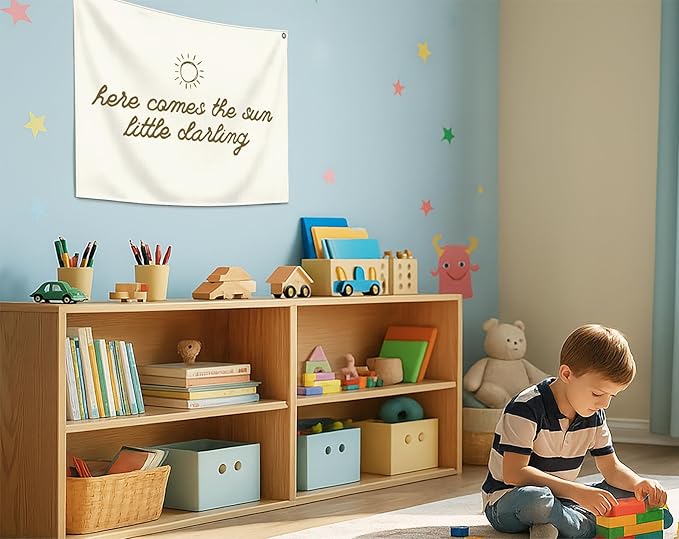 Boho Diversity Rectangular Banner Flag Wall Art Decor Gift for Baby Boy Girl Kid,Nursery Classroom Homeschool Playroom Decor-Here Comes The Sun-Baby Present Shower,Birthday Christmas Gift