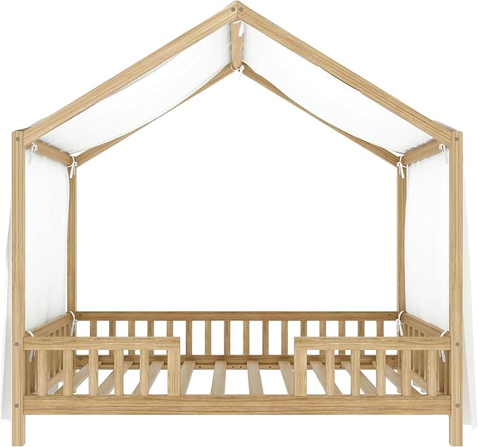 Bellemave Twin House BedFrame with Canopy, Montessori Floor Bed, House Bed with Rails for Kids, Natural