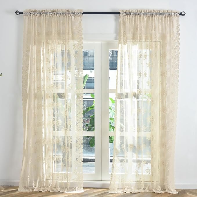 Kotile 90 Inch Length Lace Curtains 2 Panels Set, Country Rustic Floral Design Cottage Core Beige Sheer Curtains for Living Room Bedroom, Rod Pocket Privacy Sheer Lace Window Curtains, 42 x 90 Inch