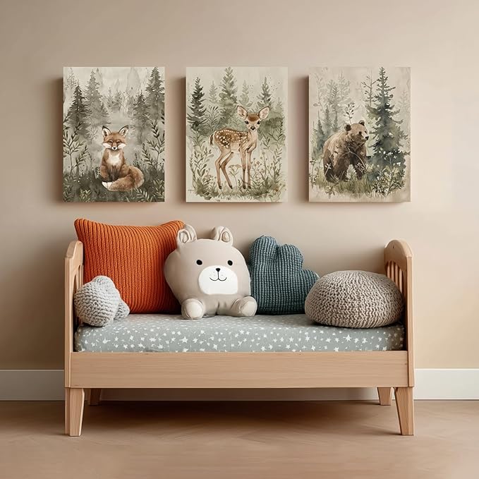 kilamino Framed Woodland Animal Nursery Wall Art, Cute Fox Bear Deer Wall Decor, Neutral Wildlife Animal Art Prints, Funny Nature Forest Animal Canvas Paintings for Baby Room Playroom 16"x24"x3