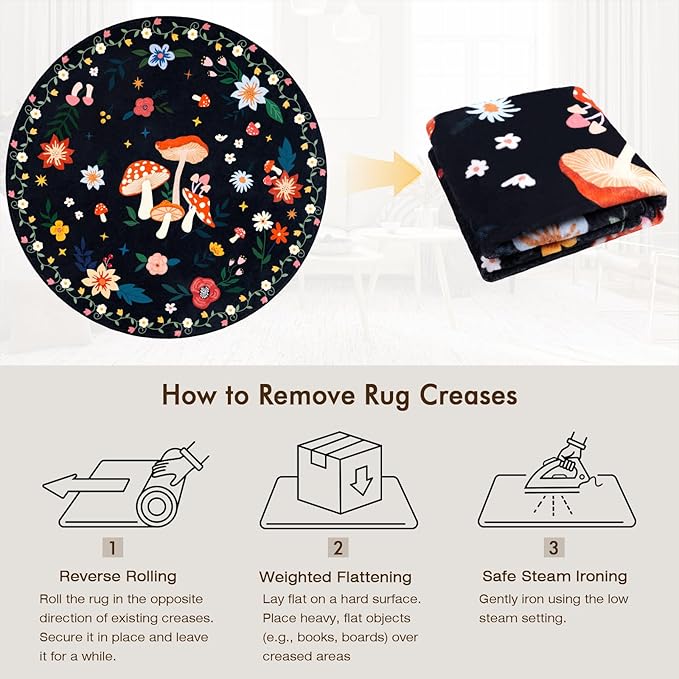 6' Machine Washable Round Area Rug, Non-Slip Vintage Floral Circle Floor Rugs for Kids, Low Pile RoomCarpet for Living Room, Bedroom, Dining Room & Nursery(6' Black Mushroom)