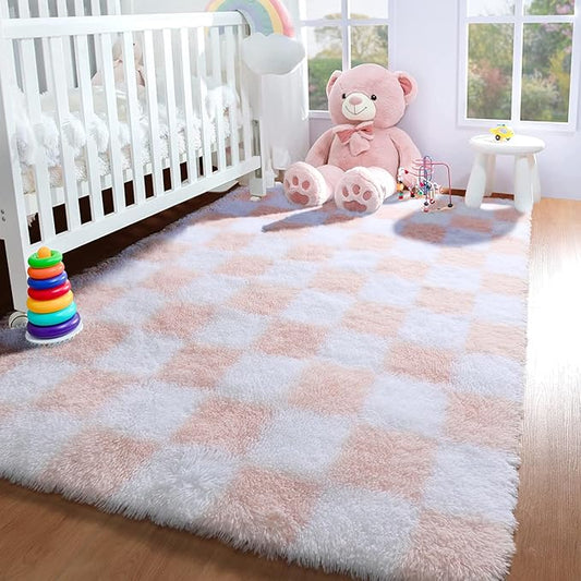 KICMOR Pink Rugs for Bedroom Girls, 3x5 Small Fluffy Soft Bedside Checkered Area Rug, Cute Fuzzy Shag Shaggy Non-Slip Indoor Floor Carpet for Living Room Kids Teen Dorm Nursery Home Decor Aesthetic