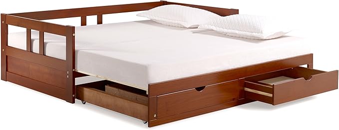 Melody Twin to King Extendable Daybed with Trundle and Storage Drawers – Solid Brazilian Pine Wood Guest Bed with 400lb Capacity for Kids, Teens, or Adults by Aalaterre Furniture (Chestnut Finish)