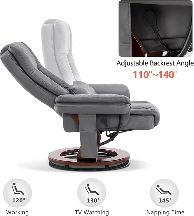 MCombo Swivel Recliner with Ottoman Chair, TV Chair Sets with Vibration Massage, for Small Space Living Room Bedroom 9096 9099 (Faux Leather, Grey)