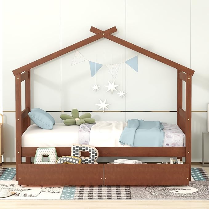 Merax Twin Size Wooden House Bed with Two Drawers, Wood Bed Frame with Roof for Kids, Teens, Boys or Girls, Walnut