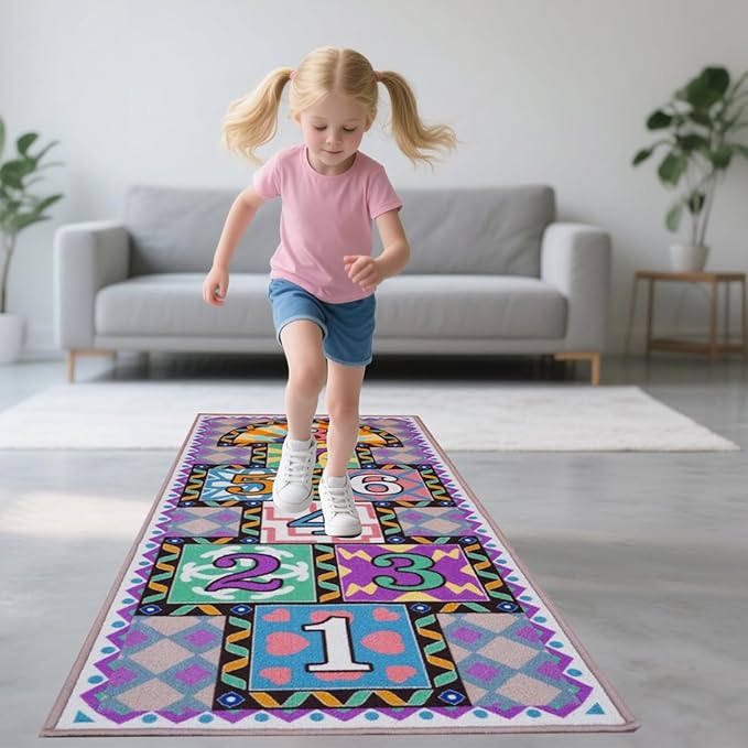 Kids Colorful Educational Hopscotch Game Rug, Numbers 1-8 Pattern, Geometric Border Design, Rectangular Floor Mat for Playroom