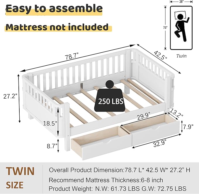 Twin Bed Frame with Rails for Kids, Wood Montessori Bed Twin with 2 Storage Drawers &Slats Support, Modern Daybed with Removable Bed Rails for Girls Boys Bedroom Living Room, White