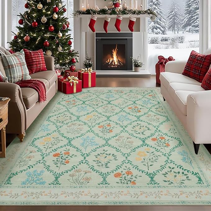 YIHOUSE Green Floral Print Rugs, Moroccan Trellis 9x12 Washable Large Rug, Modern Pastel Non Slip Ultra-Thin Area Rug for Classroom, Nursery Playroom,Dorm,Bedroom,Living Room, Green Multi