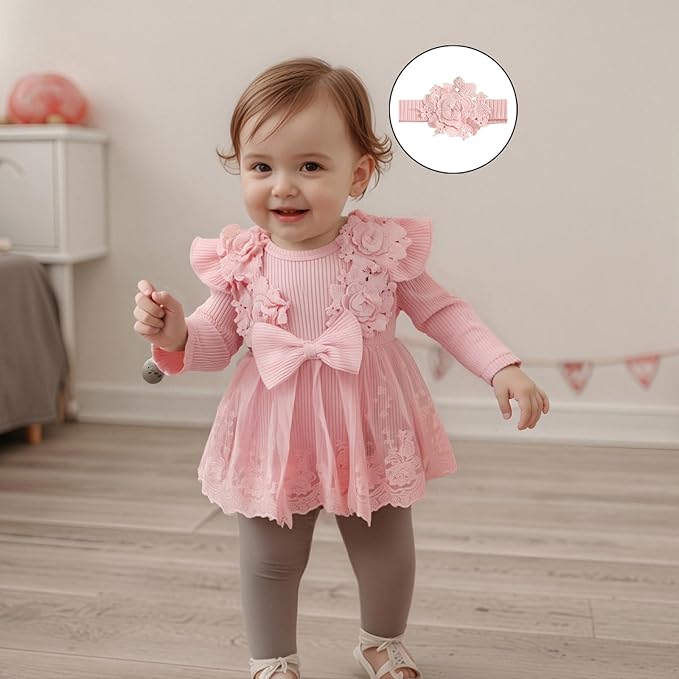 Giraropa Baby Girl Fall Winter Clothes Long Sleeve Romper Dress + Socks + Headband Newborn Infant Cute Casual Outfits