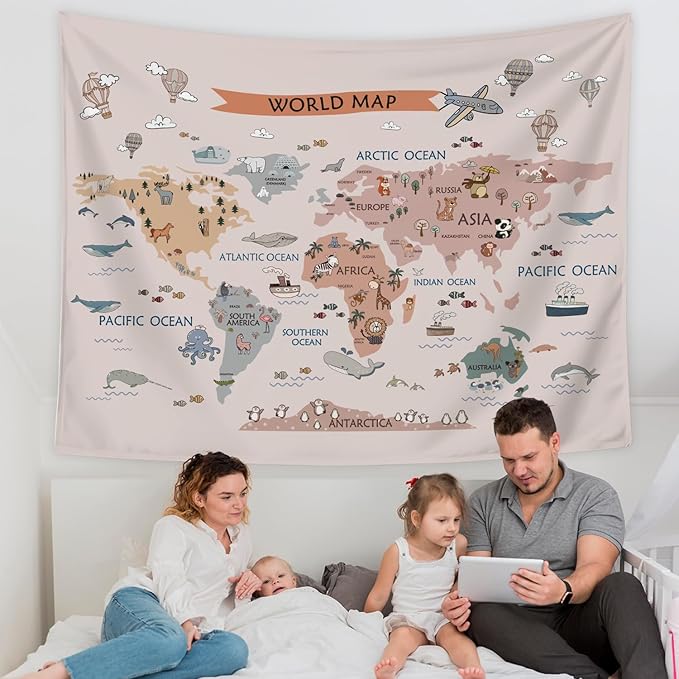 LIANGW Kids World Map Tapestry, Animal Continents Educational Geography Wall Hanging, Wildlife Learning Wall Blanket for Nursery, Classroom, Toddler Bedroom, Playroom Decor 50x60 Inch