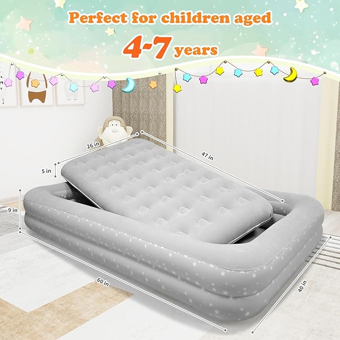 Air Mattress for Kids 4-7 Years - Toddler Travel Bed with Built-in Pump, Sides for Safety, Ultra Soft Plush Surface - Portable Kids Sleeping Pad for Camping, Hotels, Sleepovers & Grandparents' House
