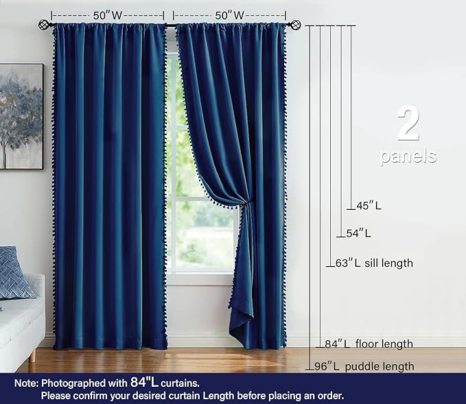 Treatmentex Pompom Blackout Window Curtains Navy Royal Blue Full Blackout Curtains for Bedroom Living Room 63 inch Thermal Insulated Window Curtain Panels 52" w x2 Panels Rod Pocket