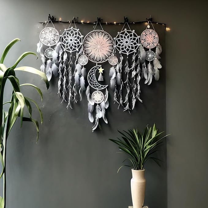 Dream Catcher Wall Decor,Large Boho Dream Catcher with Luxurious Feathers & Beads, Handmade Wall Hanging for Bedroom, Nursery, Living Room, Gift Ready for Girls & Adults (Black)