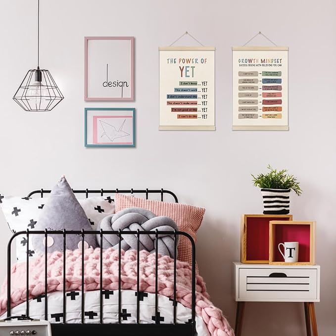 DOI-LANEE Mental Health Posters Hanger Frame, Set of 2 Growth Mindset Posters, Positive Affirmations Wall, Therapy Office Decor, Inspirational Decor for School Counselor Office Bedroom 16x12 Inch