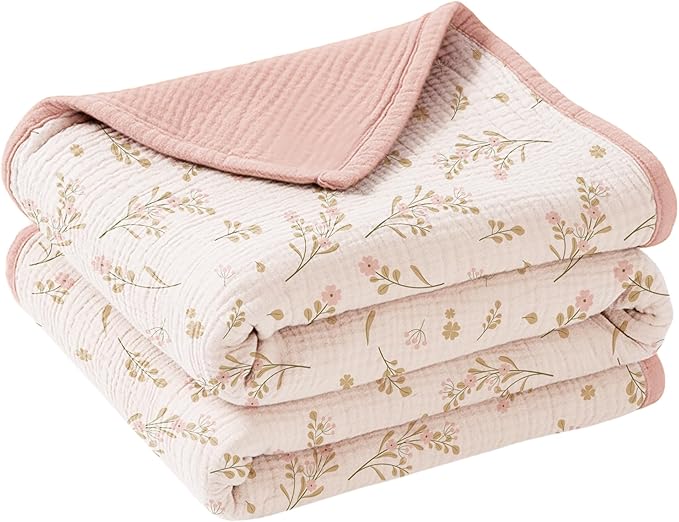 Konssy Muslin Baby Blankets for Girls Boys, 100% Cotton Crib Blanket for Infant Toddler, Super Soft and Lightweight Nursery Swaddling Wrap 47"x47" (Floral)