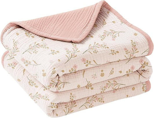 Konssy Muslin Baby Blankets for Girls Boys, 100% Cotton Crib Blanket for Infant Toddler, Super Soft and Lightweight Nursery Swaddling Wrap 47"x47" (Floral)