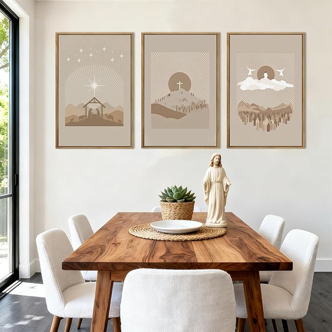 IARTTOP Extra Large Jesus Christian Framed Wall Art 24x36 Inch Set of 3 Jesus’s Nativity Crucifixion Resurrection Canvas Wall Decor Grey Brown Bible Verse Artwork for Church Living room Bedroom