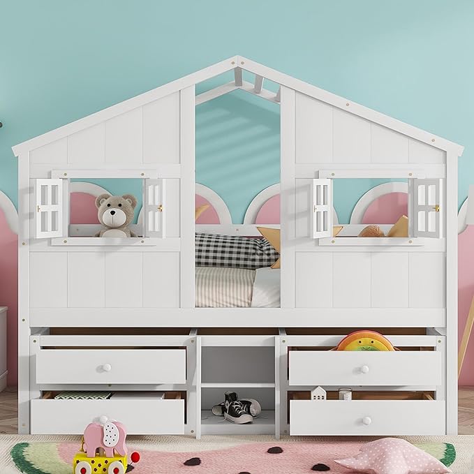 Harper & Bright Designs Full Size House Loft Bed with 4 Storage Drawers, Low House Montessori Bed with Roof and Windows, Safety Guardrails for Kids, Girls, Boys, White
