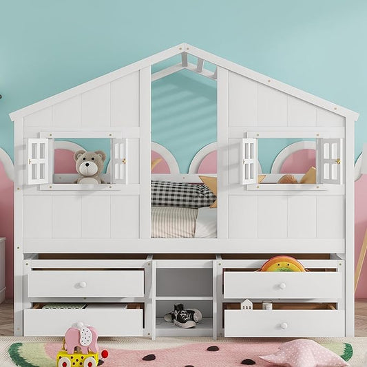 Harper & Bright Designs Full Size House Loft Bed with 4 Storage Drawers, Low House Montessori Bed with Roof and Windows, Safety Guardrails for Kids, Girls, Boys, White