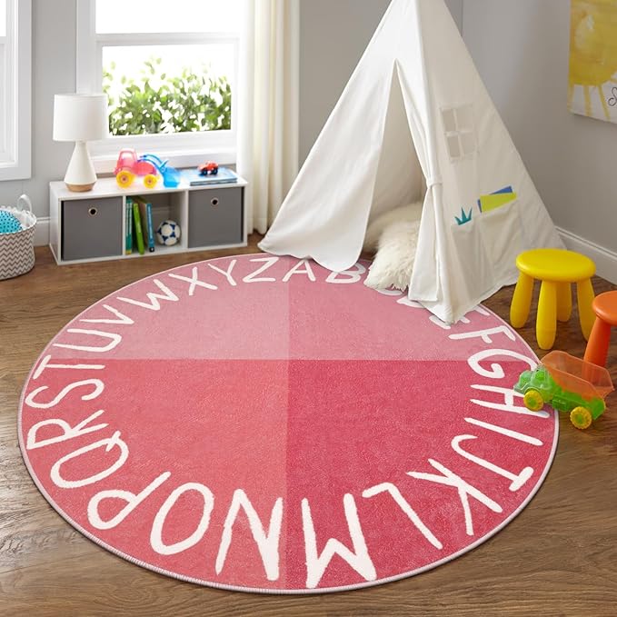 LIVEBOX Large Pink Rugs for Nursery, Washable Kids Rug for Girls Bedroom, Educational Round Rug for Playroom, ABC Circle Carpet Soft Princess Playmat for Living Room Classroom(71",Pink)