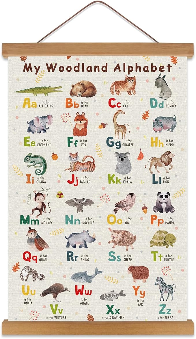 KAIRNE Kids Woodland Alphabet Poster With Wood Magnetic Hanging Framed(35CMx56CM)Children ABC Learning Art Prints,Safari Animal ABC Wall Art,Wildlife Alphabet Canvas Sign for Playroom Classroom Decor