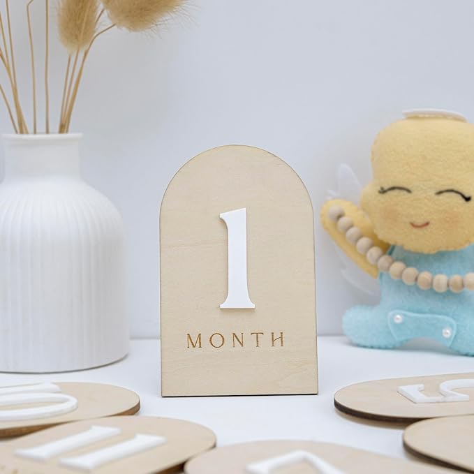 Baby Monthly Milestone Photo Sign, Wooden Floral Design with Pink Bows, Baby Girl Growth Tracker, 1-12 Months (Arch)