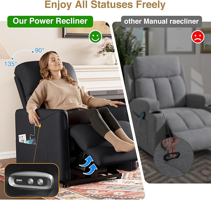 Adjustable Power Recliner Chair, Comfy PU Leather Electric Recliner Chair, Power Recliners with USB Port, Eco-Certified Small Recliners for Small Spaces Sofa Reclinable, Black