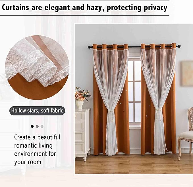 Anytime Romantic Kids Curtain,Hollow-Out Stars Window Curtain Double Layer Blackout Curtains for Girls Bedroom Kids Room 2Panel,(W52 x L95,Orange)