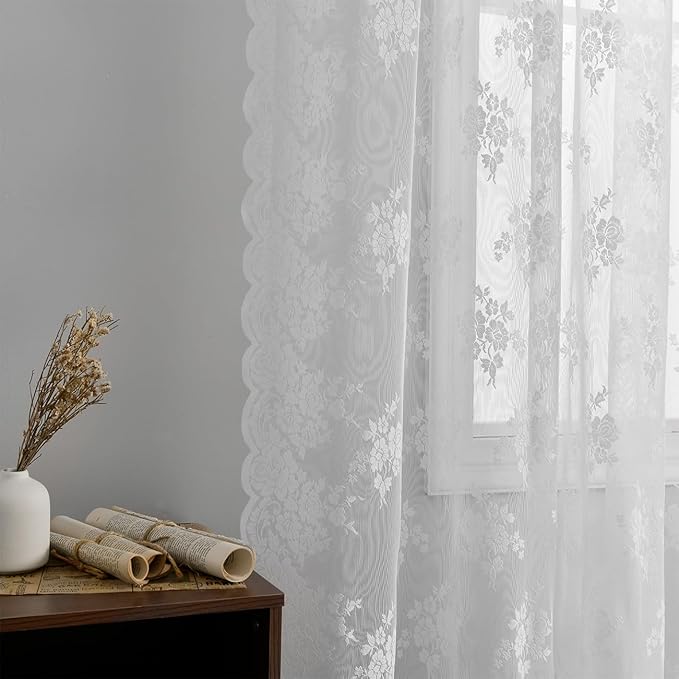 Kotile Extra Long Lace Curtains, Country Rustic White Lace Curtains 120 Inches Long for Living Room, Rod Pocket Privacy Sheer Lace Window Curtains, 52 x 120 Inch, 2 Panels, White