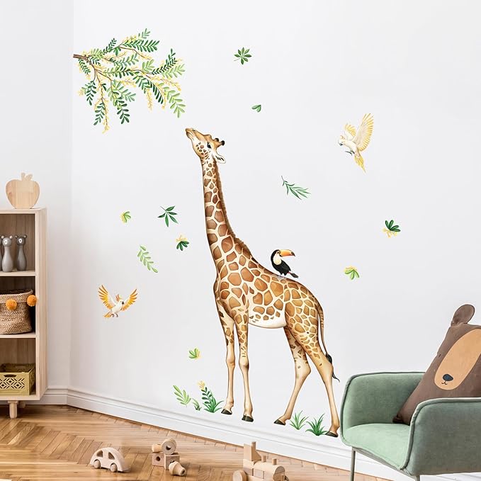 Tanlaby Large Giraffe Wall Decals Jungle Animal Wall Stickers Leopard Deer Safari Peel and Stick Art Decor for Baby Nursery Kids Bedroom Playroom Daycare Kindergarten