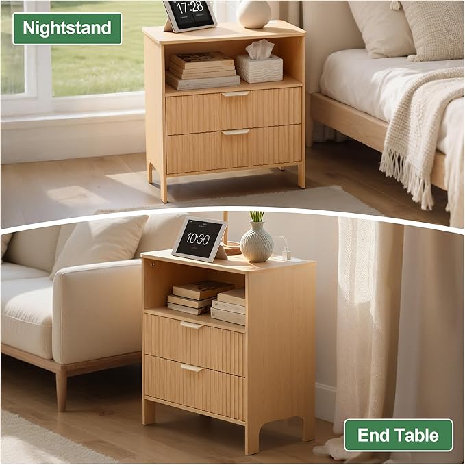 Fluted Nightstand with Charging Station, Wood Night Stand with 2 Large Drawers and Storage Shelf, Natural Bed Side Tables Bedroom, Mid Century Modern Nightstand for Bedroom/Living Room