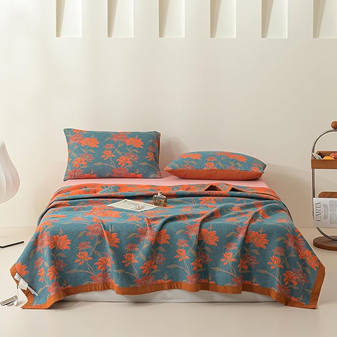 100% Cotton Muslin Blanket Jacquard Floral Flowers Bloosom Print Quilt, Soft Bed Cover 3 Layers Reversible Bedspread Coverlet Breathable Lightweight Bedding King(98"x94"), No Pillow Sham