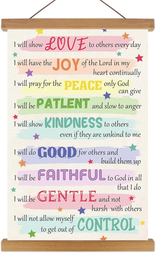 KAIRNE Bible Verse Poster With Wood Magnetic Hanger,Christian Fruits Pictures Wall Decor,Sunday School Motivational Wall Art(35X56CM) Rainbow Positive Canvas For Kids Bedroom Playroom Classroom Decor