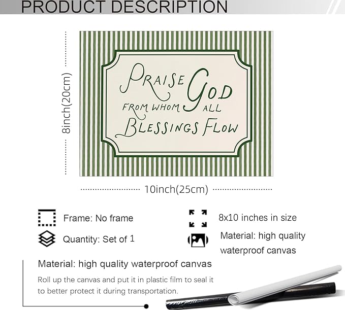 YYS Christian Bible Verse Scripture Poster Praise God From Whom All Blessings Flow Wall Art Green Striped Religious Canvas Prints for Church Home Prayer Room Wall Decor 08x10 inch Unframed