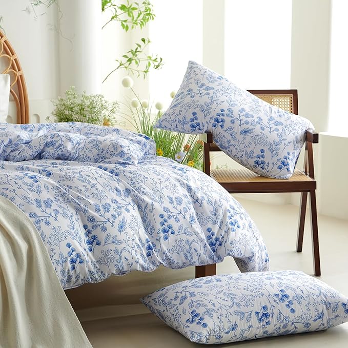 Blue Floral Duvet Cover Queen 3Pcs Botanical Flower Bedding Set Soft Microfiber Cottagecore Flowers Duvet Cover Set with 2 Pillowcases(No Comforter)