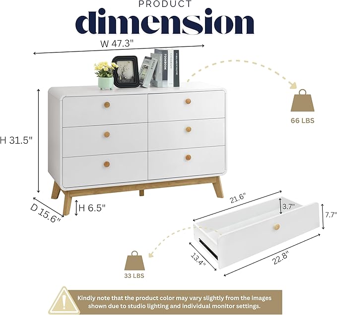 ELISA HOME Aries 6 Drawer Dresser for Bedroom, Modern Wide Chest of Drawers, Wood Storage Organizer for Clothes, Entryway, Hallway, Nursery or Living Room, White