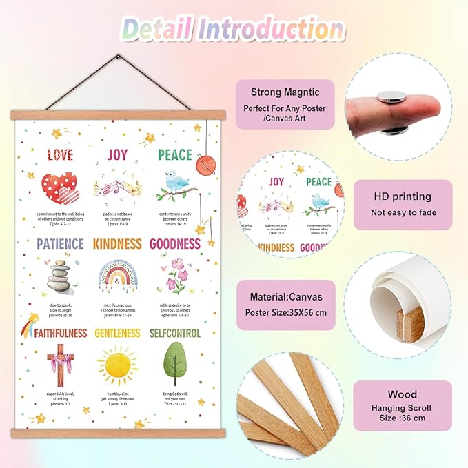 KAIRNE Bible Verse Poster With Wood Magnetic Hanger,Inspirational Hanging Decoration,Sunday School Motivational Wall Art(35X56CM) Rainbow Positive Canvas For Kids Bedroom Playroom Classroom Decor
